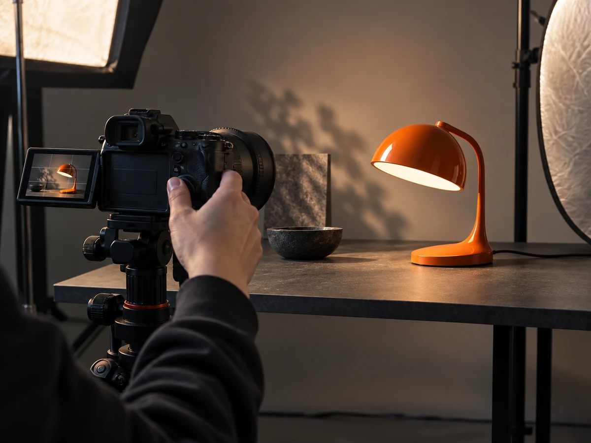 Konseptbilde av filmopptak med kamera, lys og motiv på et sett